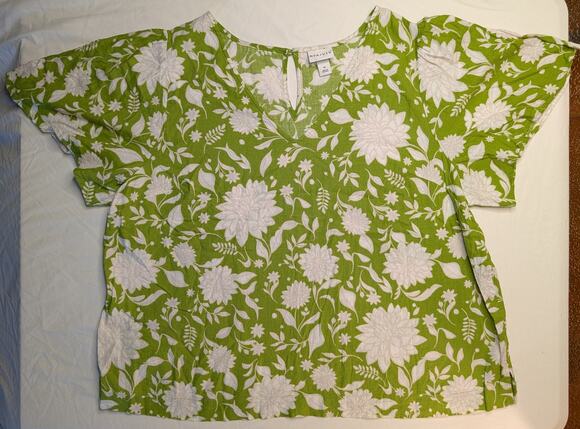 Ava & Viv Tops - Linen Blend Floral Print Blouse Top Shirt 1X Lime Green White Cottage Feminine